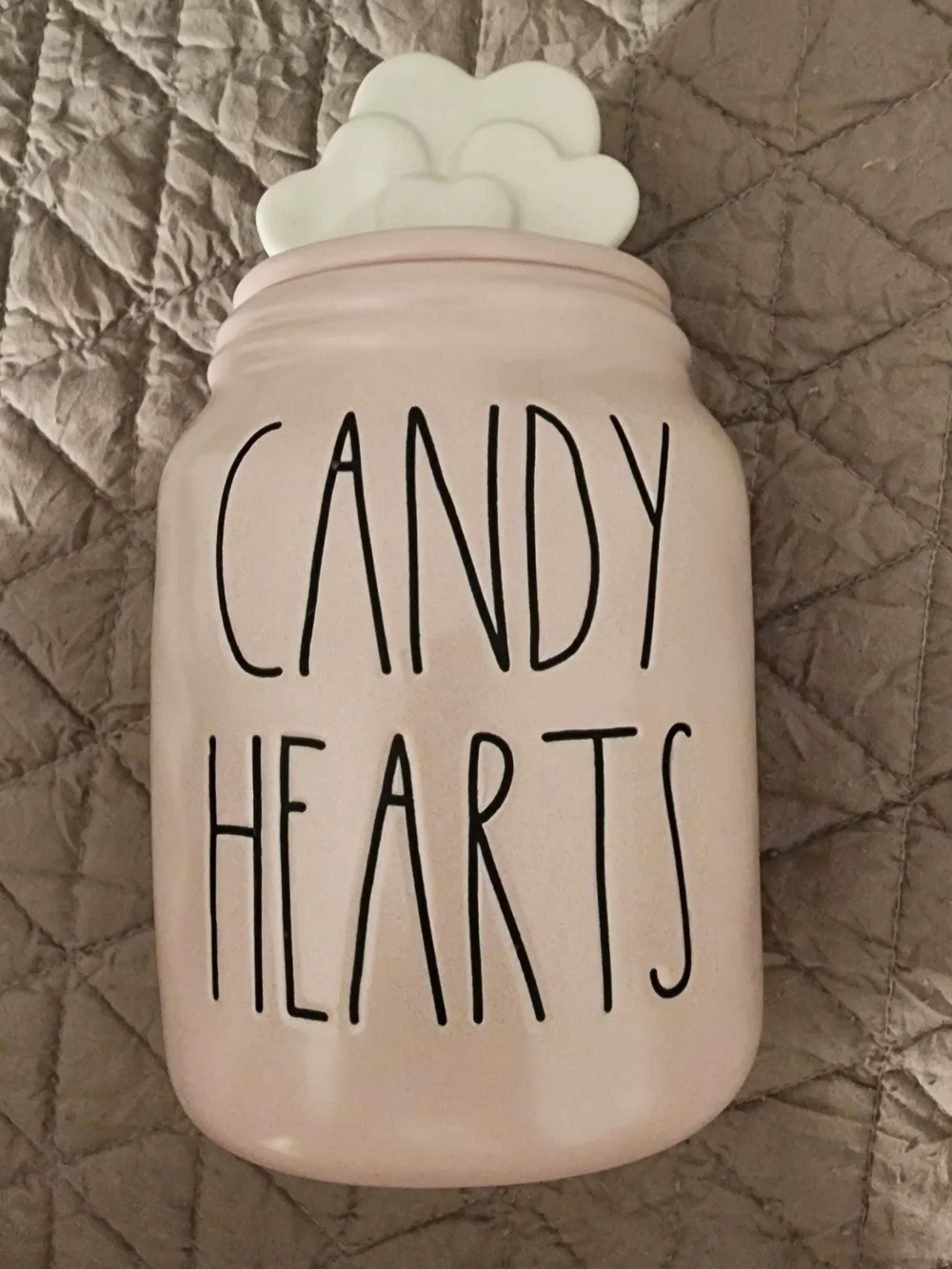 Rae Dunn Pink Candy Hearts Ceramic Jar with White Heart Lid
